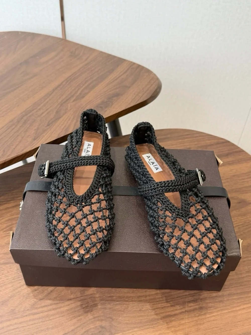 Alaia Black Crochet Mary Jane Flats with Buckle Strap